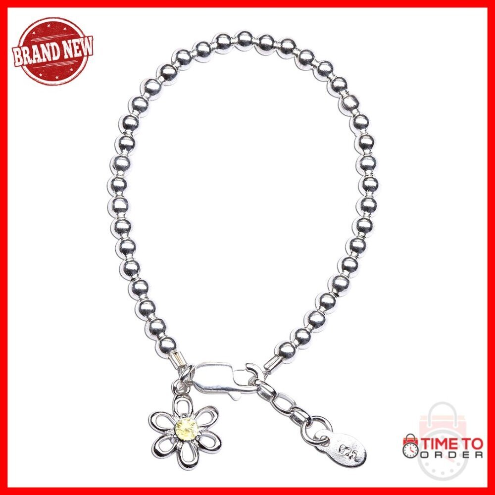 Sterling Silver Beaded Bracelet with Birthstone Daisy Charm for Girls